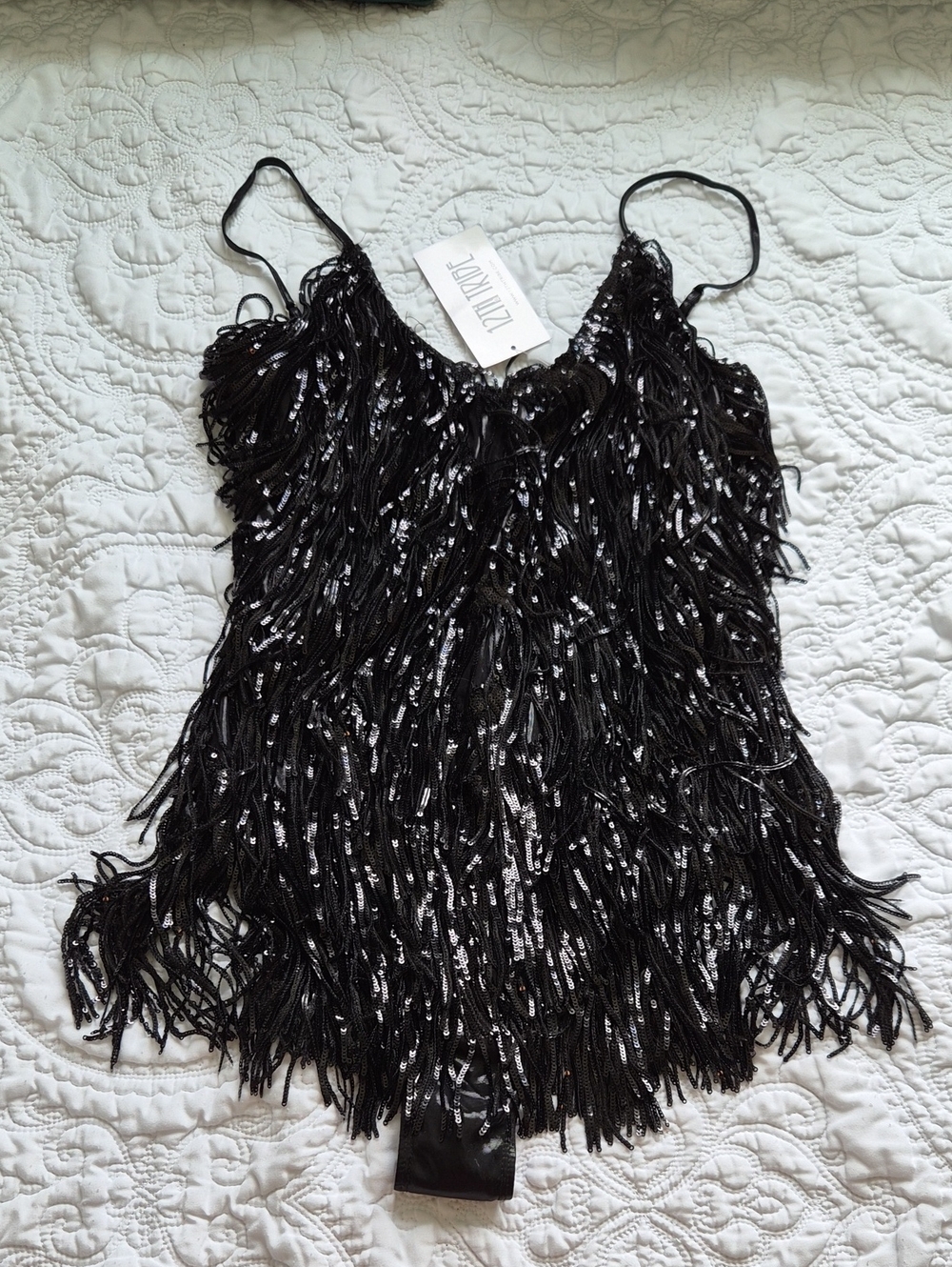 12th Tribe Black Sequin Fringe Bodysuit
